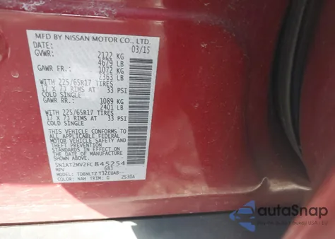 2015 Nissan Rogue Sv z USA, uszkodzony, nr VIN 5N1AT2MV2FC845254